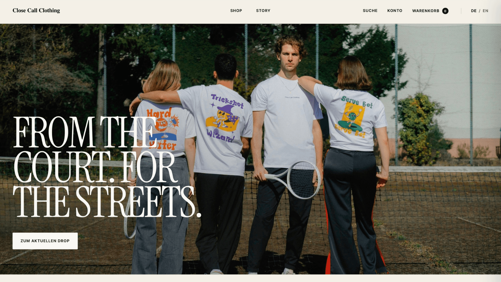 Desktop view of the Close Call Clothing online shop