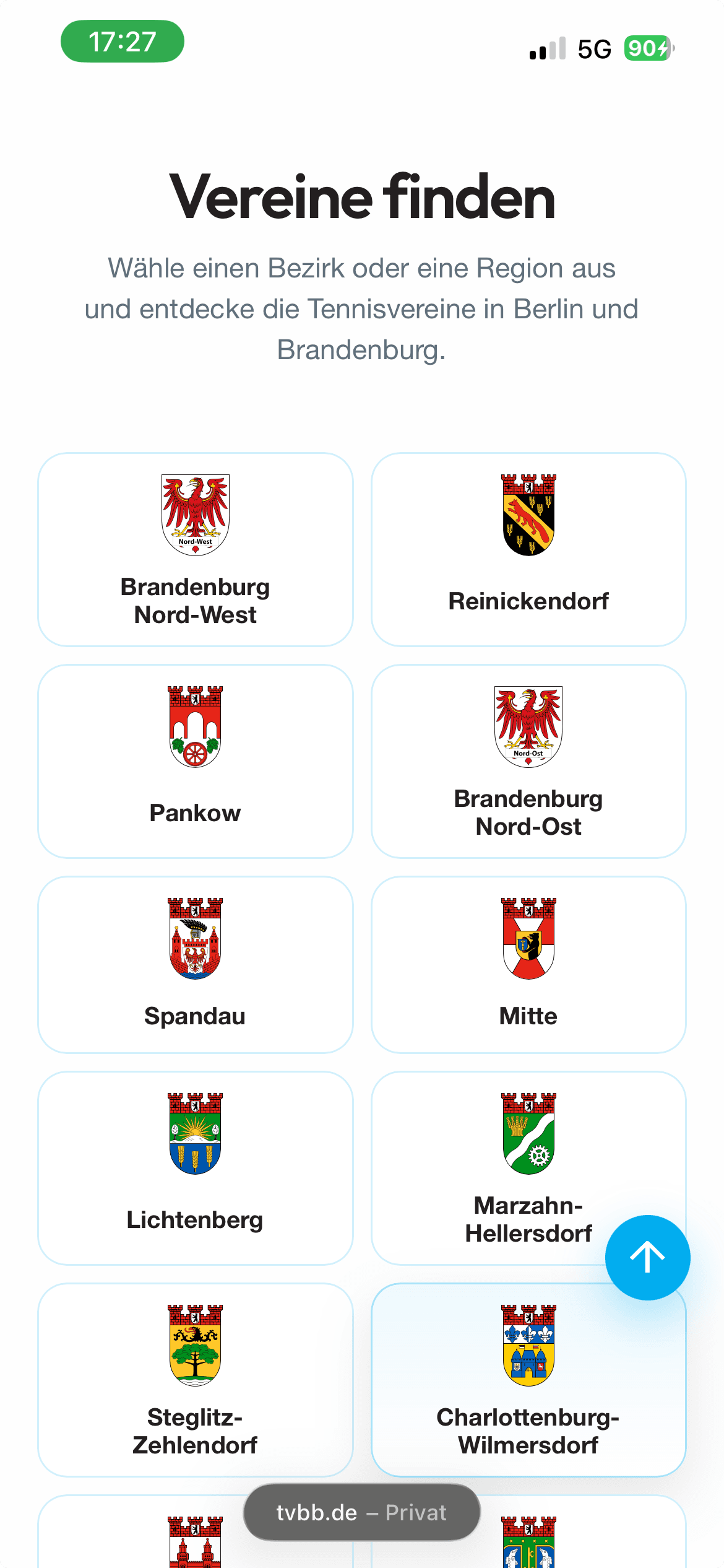 Mobile view of the Tennis Association Berlin-Brandenburg website